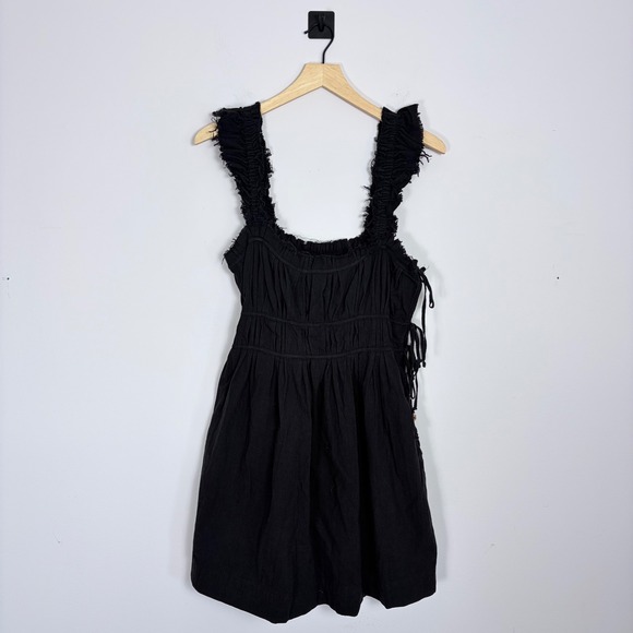 Free‎ People Claudette Black Smock Ruffle Strap Button Side Mini Dress Medium - Picture 2 of 8